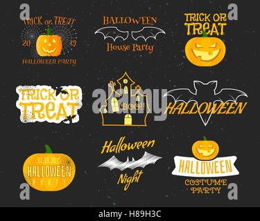 Set Of Vintage Happy Halloween Badges, Labels, Logos. Halloween funny Set. Bat, pumpkin, Flat Icons and Other Elements. Vector illustration. Cute Halloween Characters. Stock Vector