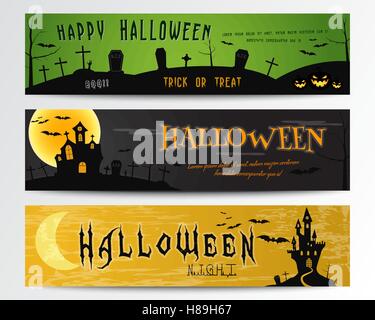 Three Halloween banners. Green, dark and orange designs. Can be use on web, print. As invitation, flyer card, halloween  poster etc. Nice design for celebration halloween. Vector illustration Stock Vector