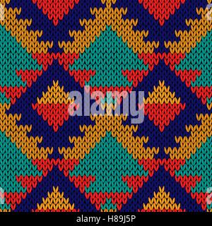 Knitted geometric motley background in red, orange, turquoise and blue colours, seamless knitting vector pattern as a fabric tex Stock Vector