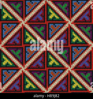 Knitted geometric motley background in red, orange, yellow, green, blue, magenta and white colours, seamless knitting vector pat Stock Vector