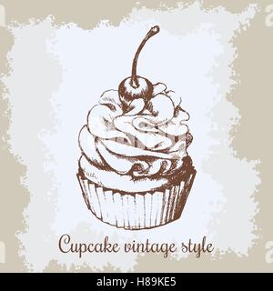 Vector vintage background. Hand drawn sweet cupcake c with cherry. Can be used for greeting card, postcard or adult coloring boo Stock Vector
