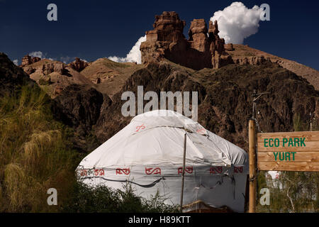 Sign for Eco Park Yurt in valley at Charyn Canyon National Park Kazakhstan Stock Photo