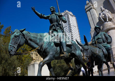 Don Quixote statue in the monument to Miguel de Cervantes in the Plaza de España. Madrid. Spain. Stock Photo