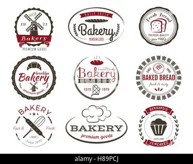 Set of bakery labels, bake badges and design elements, sweets symbols. Fresh bread, cakes logo templates. 2 Colors vintage style. Cupcake emblem. Vector illustration Stock Vector