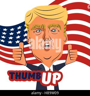 Nov 9, 2016: Character portrait Donald Trump thumb speech shows thumb up with american flag. Positive caricature politician Stock Vector