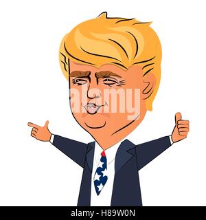 Nov 9, 2016: Character portrait Donald Trump thumb speech shows thumb up with american flag. Positive caricature politician Stock Vector