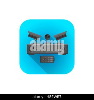 vector flat style colorful design surveillance security cameras digital recorder remote control illustration blue rounded square Stock Vector