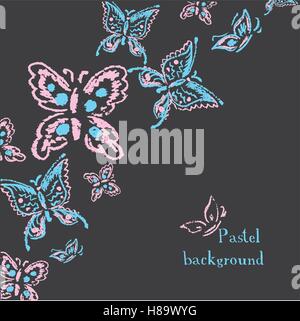 Vector illustration handmade drawing pastel chalks butterfly  on black background Stock Vector