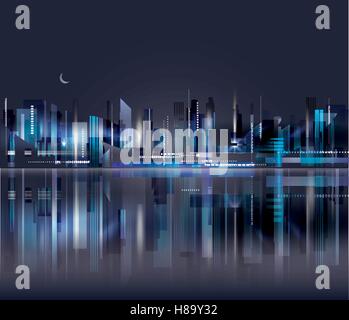 Harbor and city at night with reflection in water Stock Vector