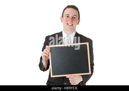 Businessman holding a blackboard Isolated on white background Stock Photo