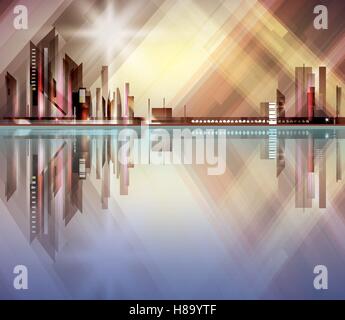 Harbor and city at night with reflection in water Stock Vector