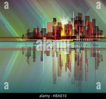 Harbor and city at night with reflection in water Stock Vector