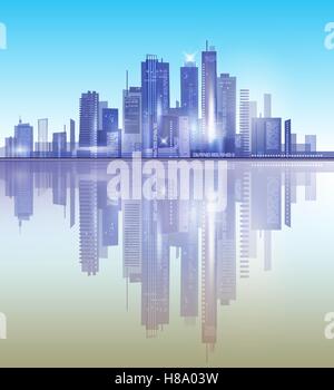 Harbor and city at night with reflection in water Stock Vector