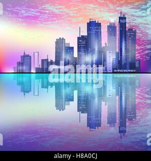 Harbor and city at night with reflection in water Stock Vector