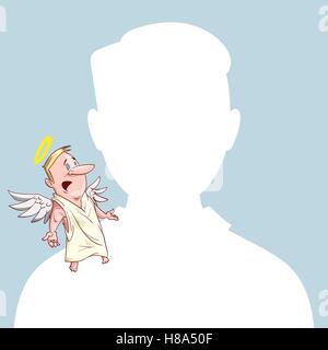 Blank male avatar or profile picture with angel conscience character on his shoulder advising him. Stock Vector
