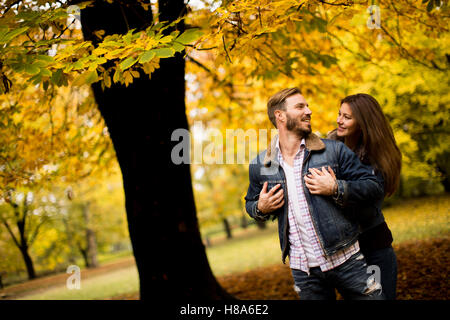 Loving couple in the autumn park Stock Photo