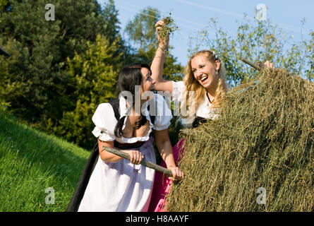Two young woman wearing Dirndl dresses harvesting hay Stock Photo