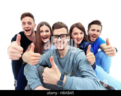 Happy joyful group of friends cheering isolated on white background Stock Photo