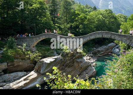Roman bridge Ponte dei Salti in Lavertezzo, Ticino, Switzerland, Europe Stock Photo