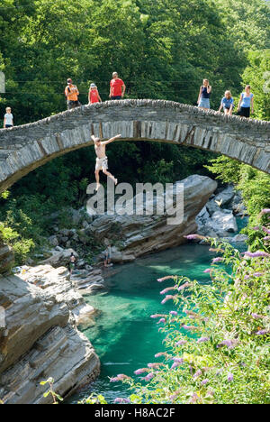 Roman bridge Ponte dei Salti in Lavertezzo, Ticino, Switzerland, Europe Stock Photo