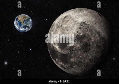 A computer graphic rendering of the Moon and earth Stock Photo