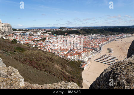 View from the cliff called Sitio of the fishing village of Nazare, Portugal Stock Photo