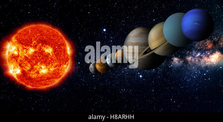 The sun and eight planets of our system orbiting Stock Photo