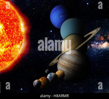 The sun and eight planets of our system orbiting Stock Photo