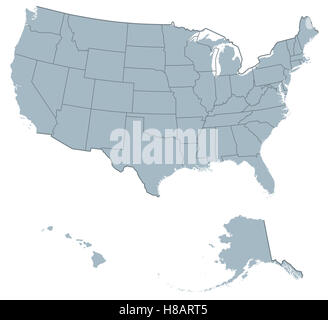 USA United States of America political map. The U.S. states including Alaska and Hawaii with national and international borders. Stock Photo