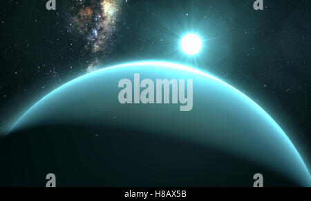 planet Uranus with sunrise on the space background Stock Photo
