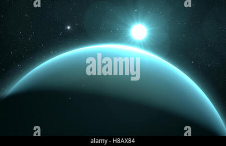 planet Uranus with sunrise on the space background Stock Photo