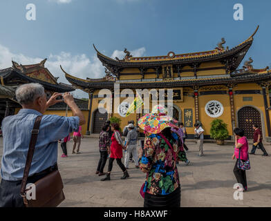 Chinese tourists visit Jiangxin Temple on Jiangxin Island at Wenzhou, China. Stock Photo
