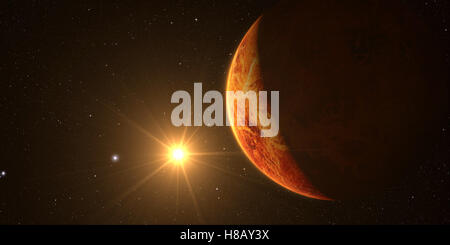 Venus. Cinematic and very realistic sunrise seen from space on venus, 3d rendering. Stock Photo