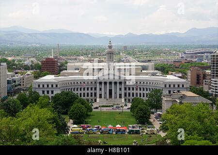 Denver City Hall Clock Tower with Mountains in the Background Stock Photo