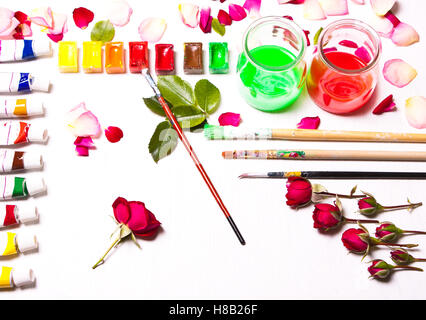 The composition of colors, paints, brushes. Concept designer working space, desktop artist, a creative person.Type flat top Stock Photo