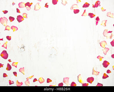 frame of petals of pink, red on a white wooden background.greeting card from flowers.soft focus. Stock Photo