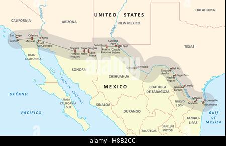 united states-mexico border map Stock Vector