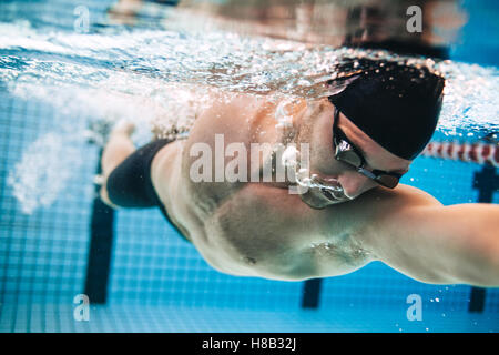 Professional male swimmer practising in swimming pool. Underwater shot of young sportsman swimming in pool. Stock Photo