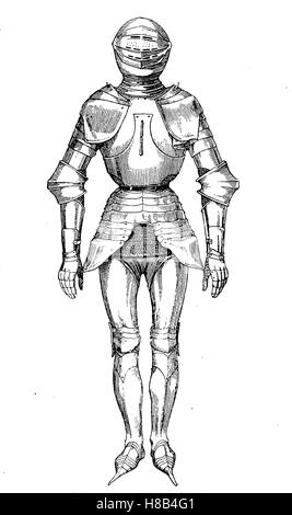 knight, complete Plate armour with Crakows or crackowes, were a style of shoes with extremely long toes very popular in the 15th century, 15. century, History of fashion, costume story Stock Photo
