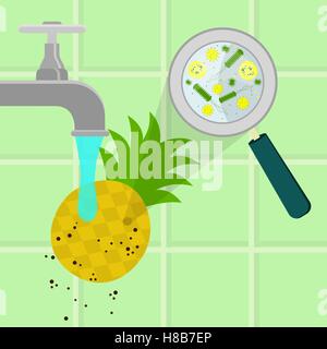 Contaminated pineapple being cleaned and washed in a kitchen. Microorganisms, virus and bacteria in the vegetable enlarged by a Stock Vector