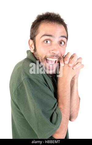 Happy young man making funny faces isolated in white Stock Photo