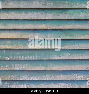 part of shed wall consisting of old horizontal wooden planks with faded green paint and yellow moss Stock Photo