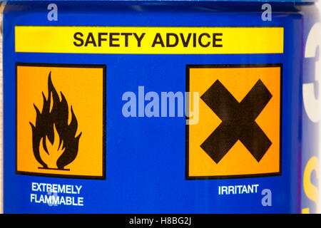 Extremely Flammable and irritant symbols on back of can of 3M Spray Mount Adhesive safety advice Stock Photo