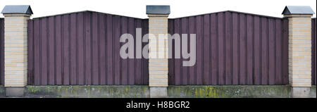 Solid wooden fence from vertical boards of dark lilac color. Isolated with patch panoramic collage Stock Photo