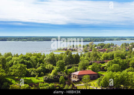 Vyborg, city views, horizons and Bay from height of Vyborg fortress, Leningrad region, Saint-Petersburg, Russia. Summer day Stock Photo