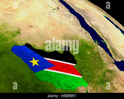 Map of South Sudan with embedded flag on planet surface. 3D illustration. Elements of this image furnished by NASA. Stock Photo