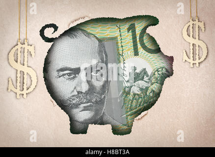 A money bill behind a colorful paper cutout of a piggy bank Stock Photo