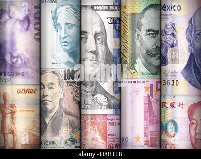 Different money bills stacke over each other forming a money wall. Stock Photo