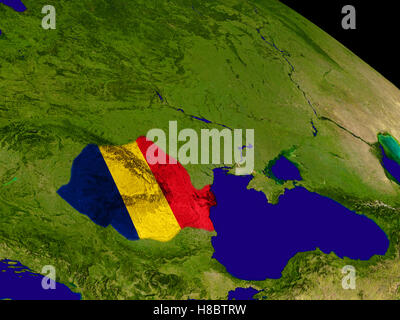 Map of Romania with embedded flag on planet surface. 3D illustration. Elements of this image furnished by NASA. Stock Photo