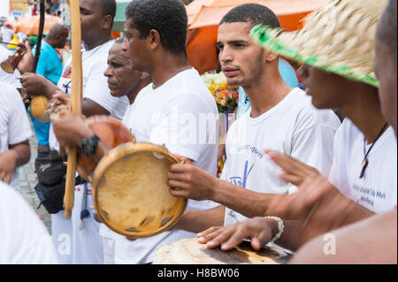 SALVADOR, BRAZIL - FEBRUARY 02, 2016: Musicians from a Brazilian capoeira group perform at an outdoor festival. Stock Photo